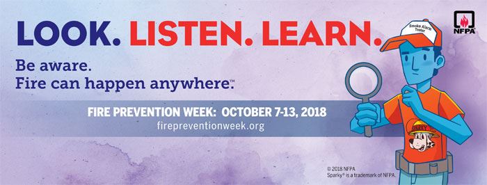 Look Listen Learn Fire Prevention Week flier with details